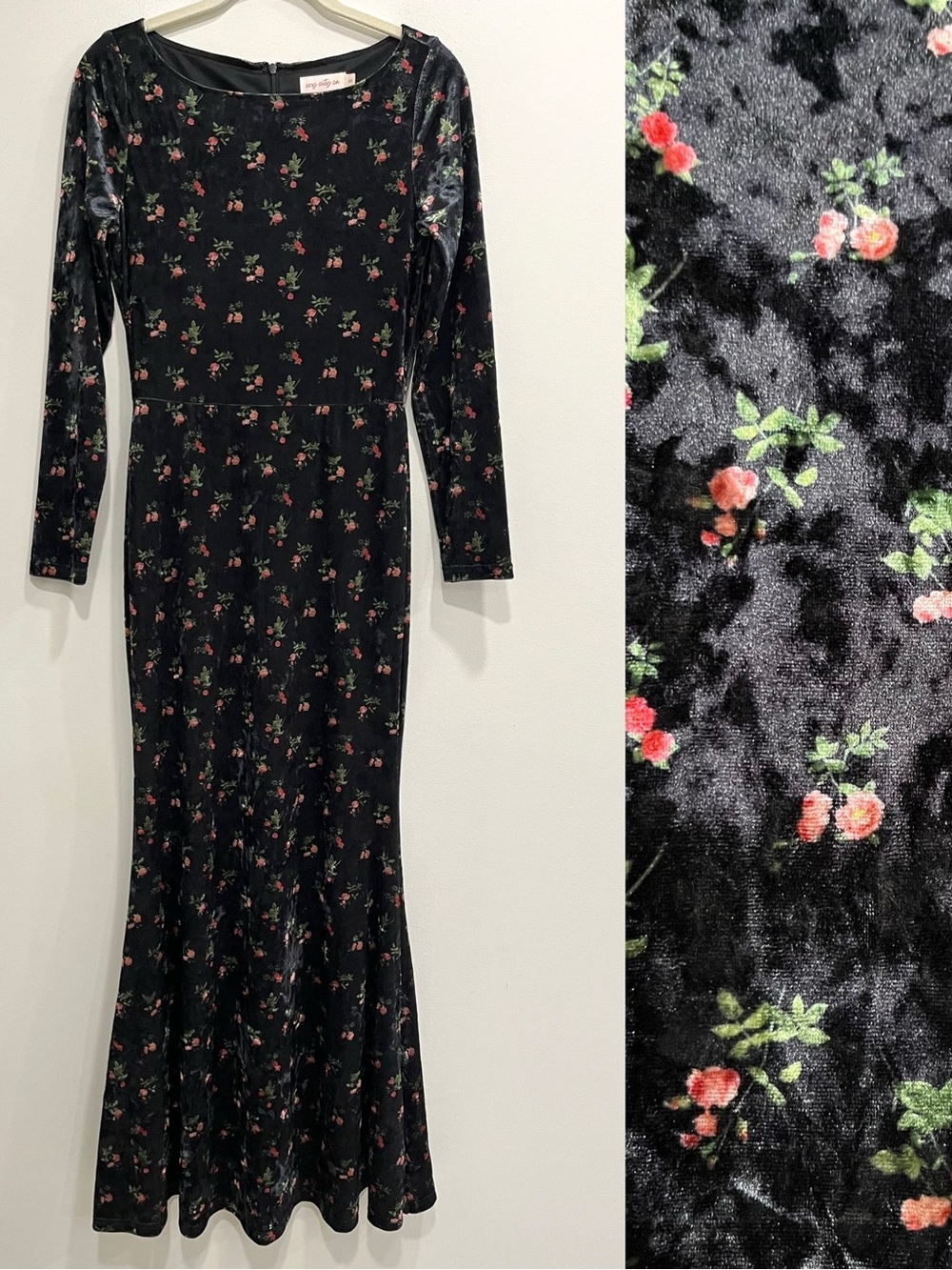 Ivy City Co. black floral velvet dress long sleeve mermaid style size small